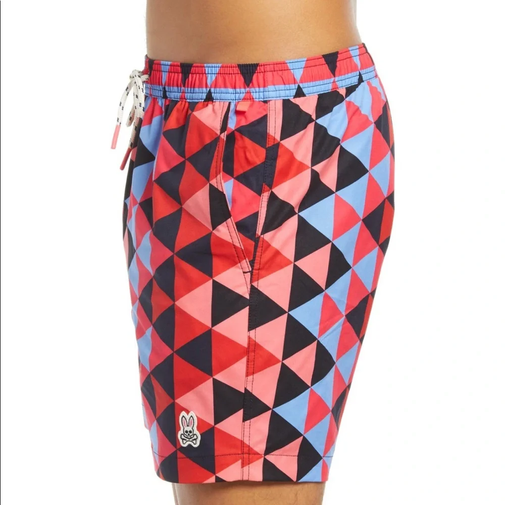 Psycho Bunny Red Blue Black Geometric Swim Trunks